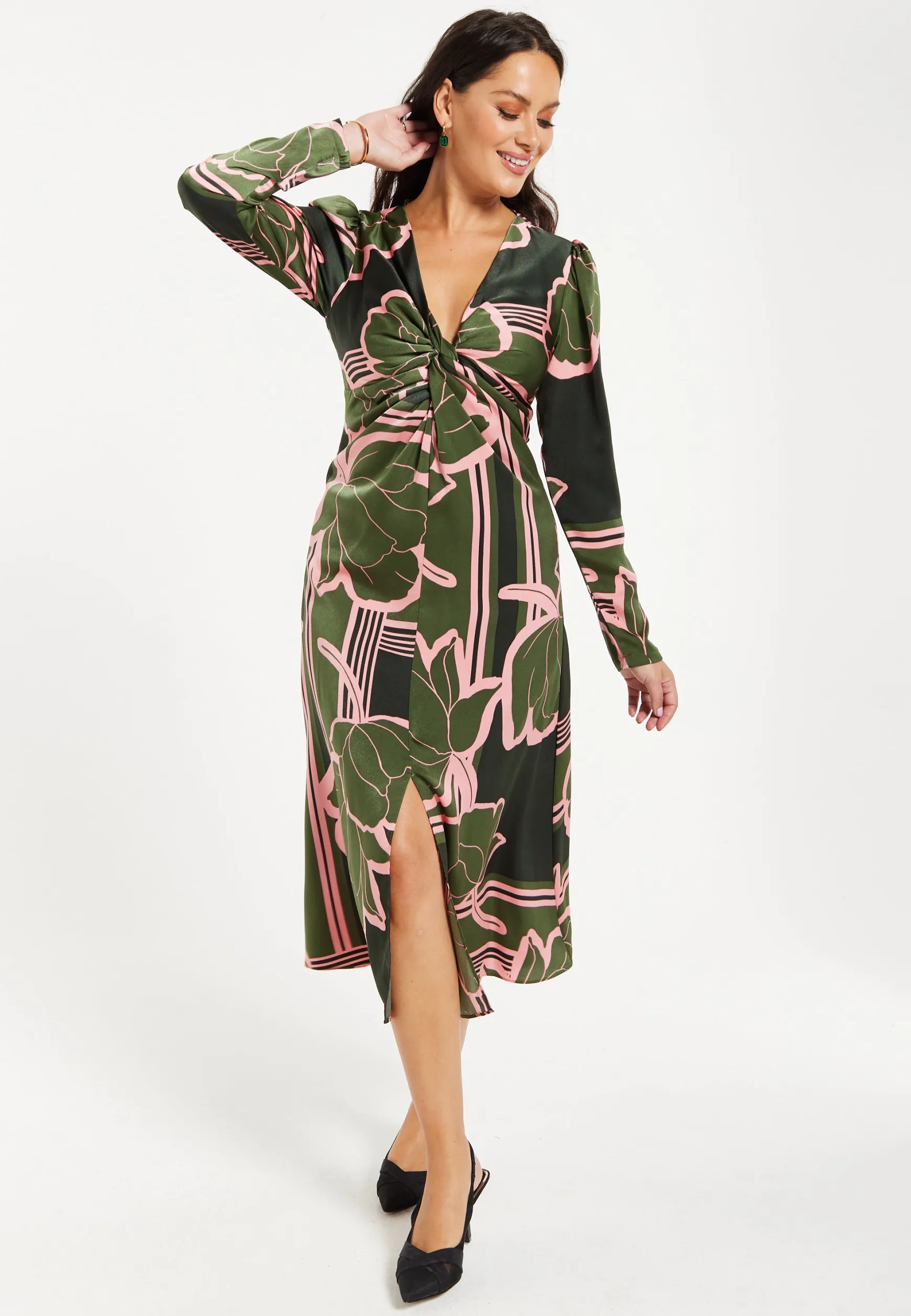 Women's Midi Dress in Dark Green with Long Sleeves and Geometric Floral Knot Front Detail by Liquorish
