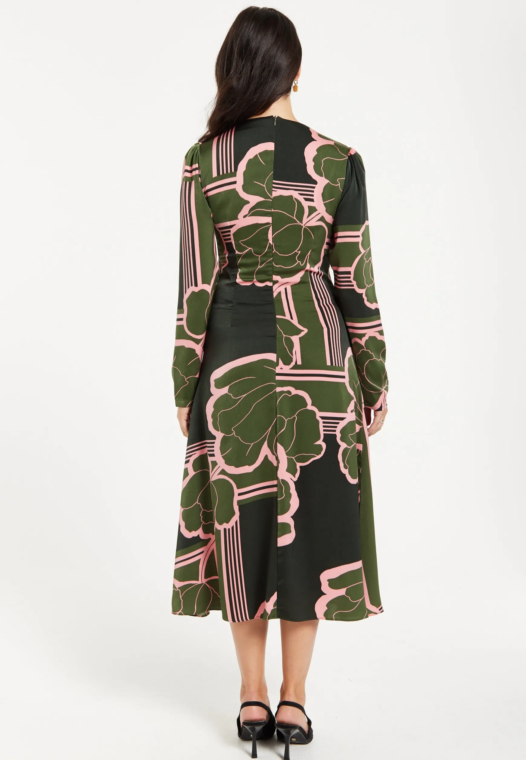 Women's Midi Dress in Dark Green with Long Sleeves and Geometric Floral Knot Front Detail by Liquorish
