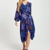 Women's Midi Dress in Electric Blue with Long Balloon Sleeves - Vivid Zebra Print by Liquorish