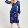 Women's Midi Dress in Electric Blue Zebra Print with Long Balloon Sleeves - Liquorish