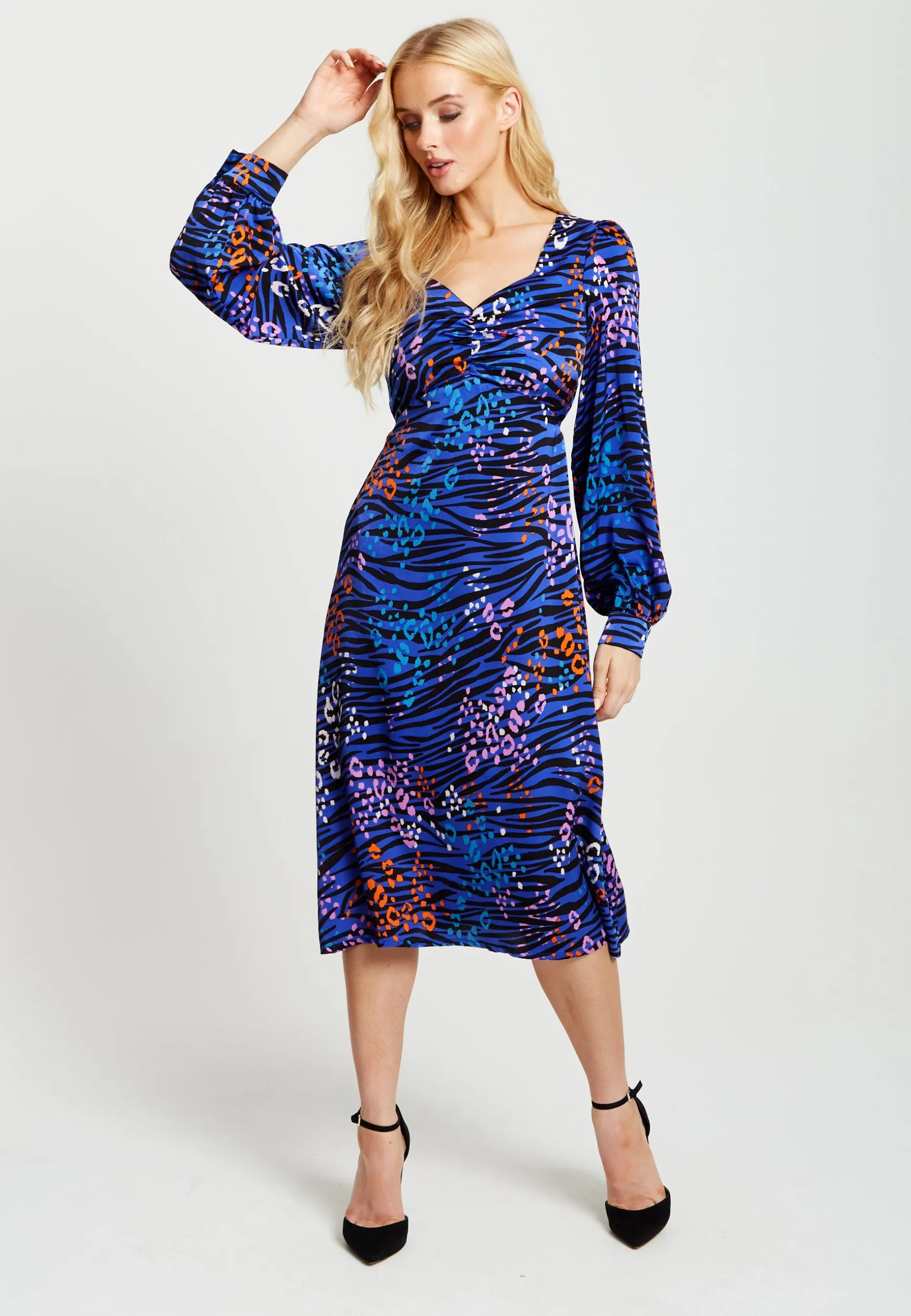 Women's Midi Dress in Electric Blue Zebra Print with Long Balloon Sleeves - Liquorish