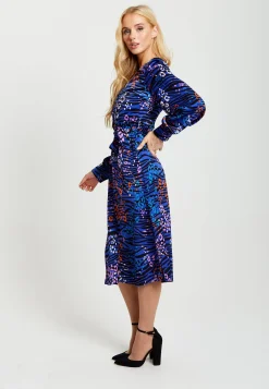 Women's Midi Dress in Electric Blue with Long Balloon Sleeves - Vivid Zebra Print by Liquorish