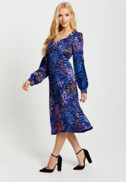 Women's Midi Dress in Electric Blue Zebra Print with Long Balloon Sleeves - Liquorish