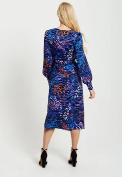 Women's Midi Dress in Electric Blue with Long Balloon Sleeves - Vivid Zebra Print by Liquorish