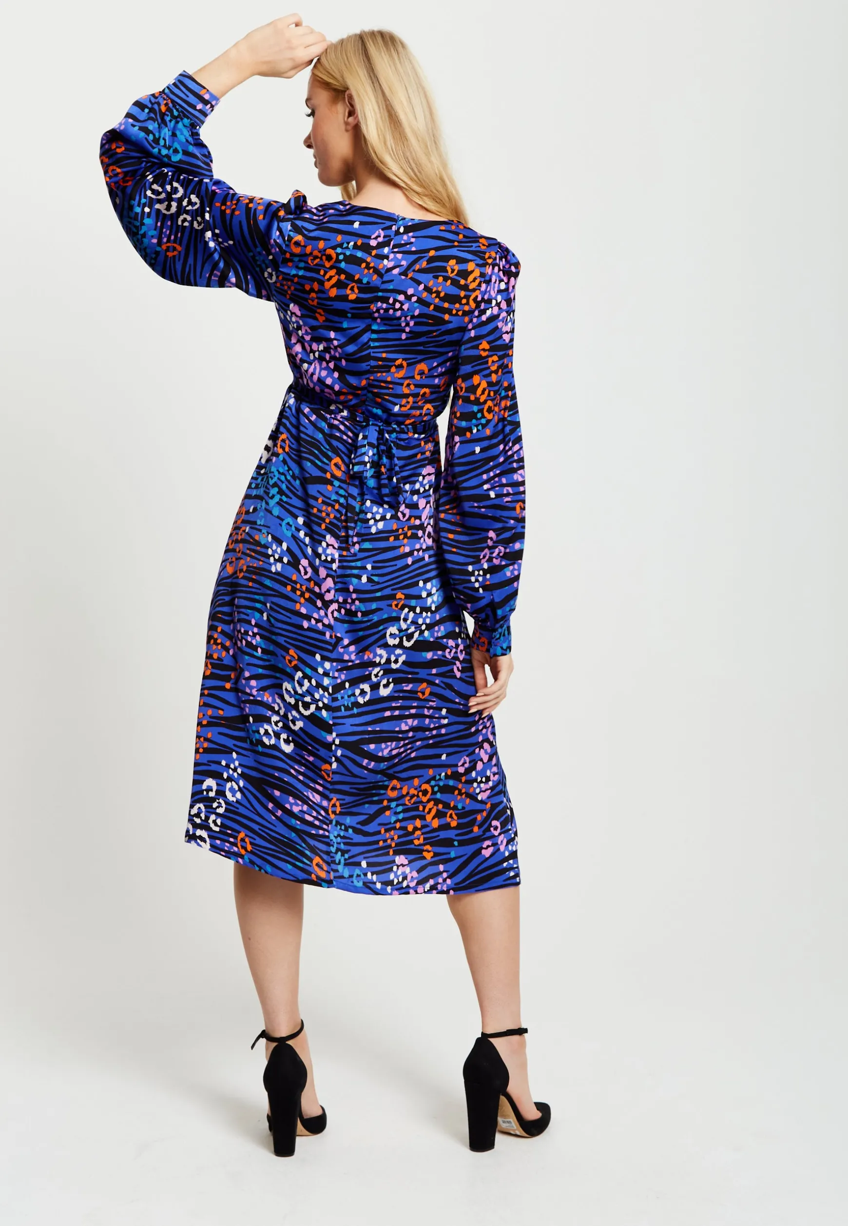 Women's Midi Dress in Electric Blue Zebra Print with Long Balloon Sleeves - Liquorish