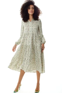 Women's Midi Dress in Floral Print with Long Sleeves and Tie Neck - Relaxed Fit Smock Style by Liquorish