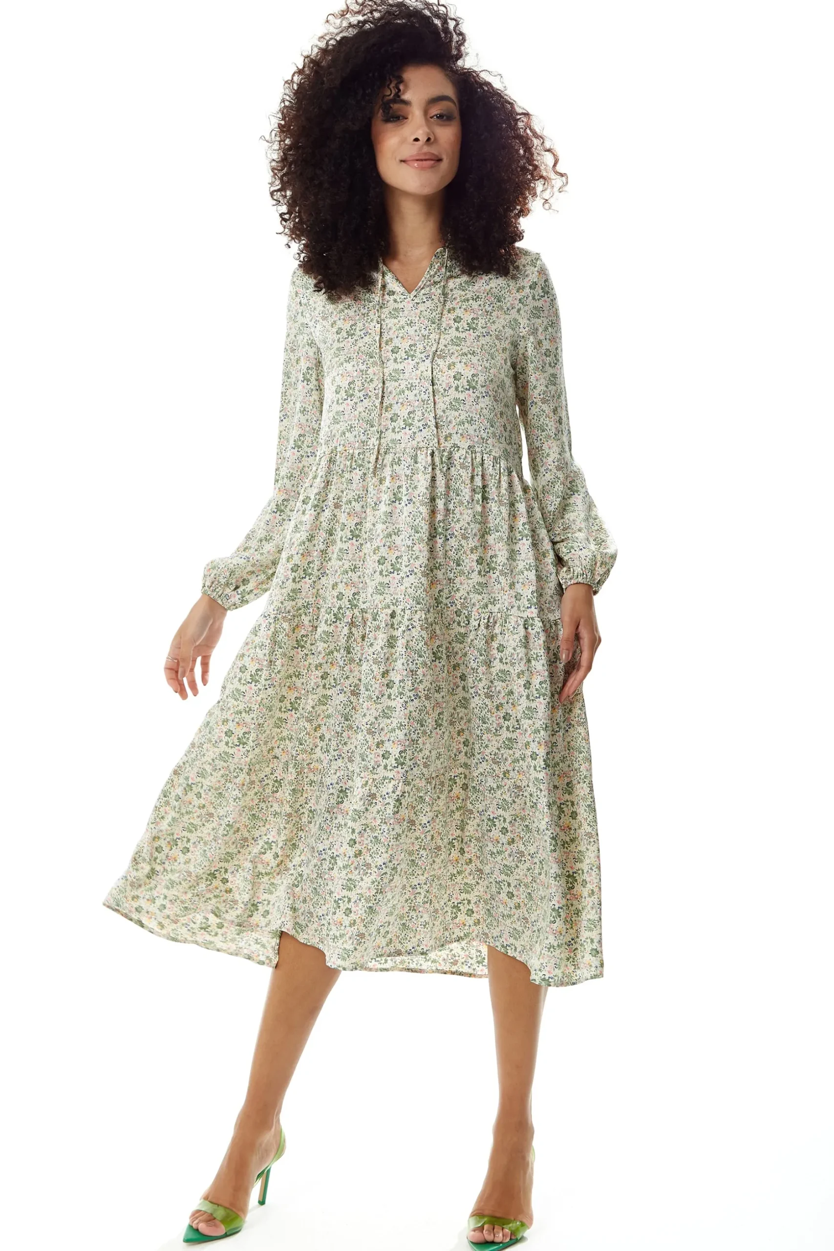 Women's Midi Dress in Floral Print with Long Sleeves and Tie Neck - Relaxed Fit Smock Style by Liquorish