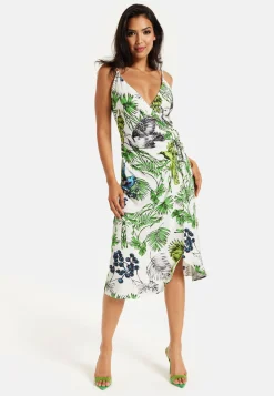 Women's Midi Dress in Floral and Bird Print with V Neck and Tie Waist, Regular Fit, Short Sleeves - Liquorish
