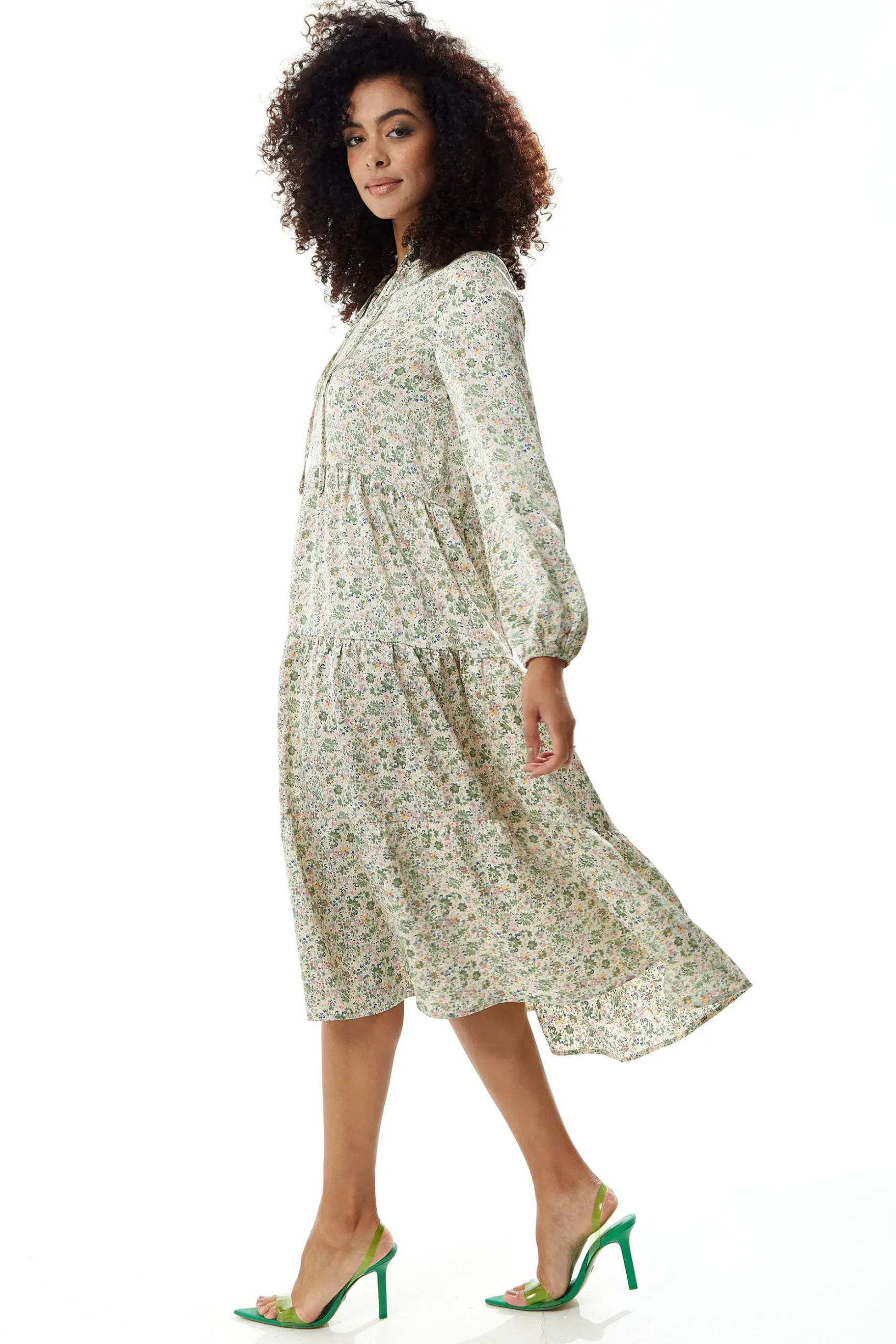 Women's Midi Dress in Floral Print with Long Sleeves and Tie Neck - Relaxed Fit Smock Style by Liquorish