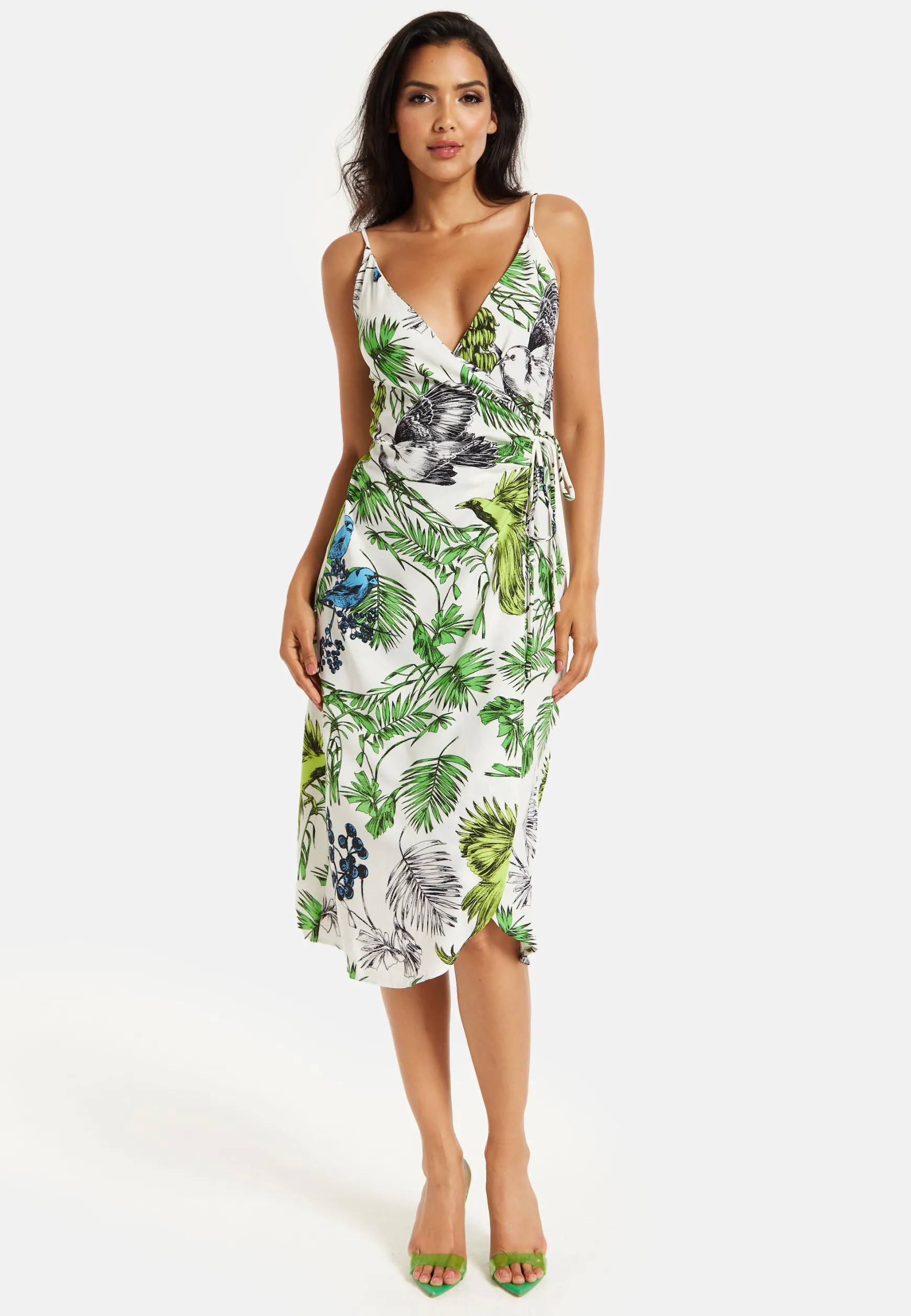 Women's Midi Dress in Floral and Bird Print with V Neck and Tie Waist, Regular Fit, Short Sleeves - Liquorish