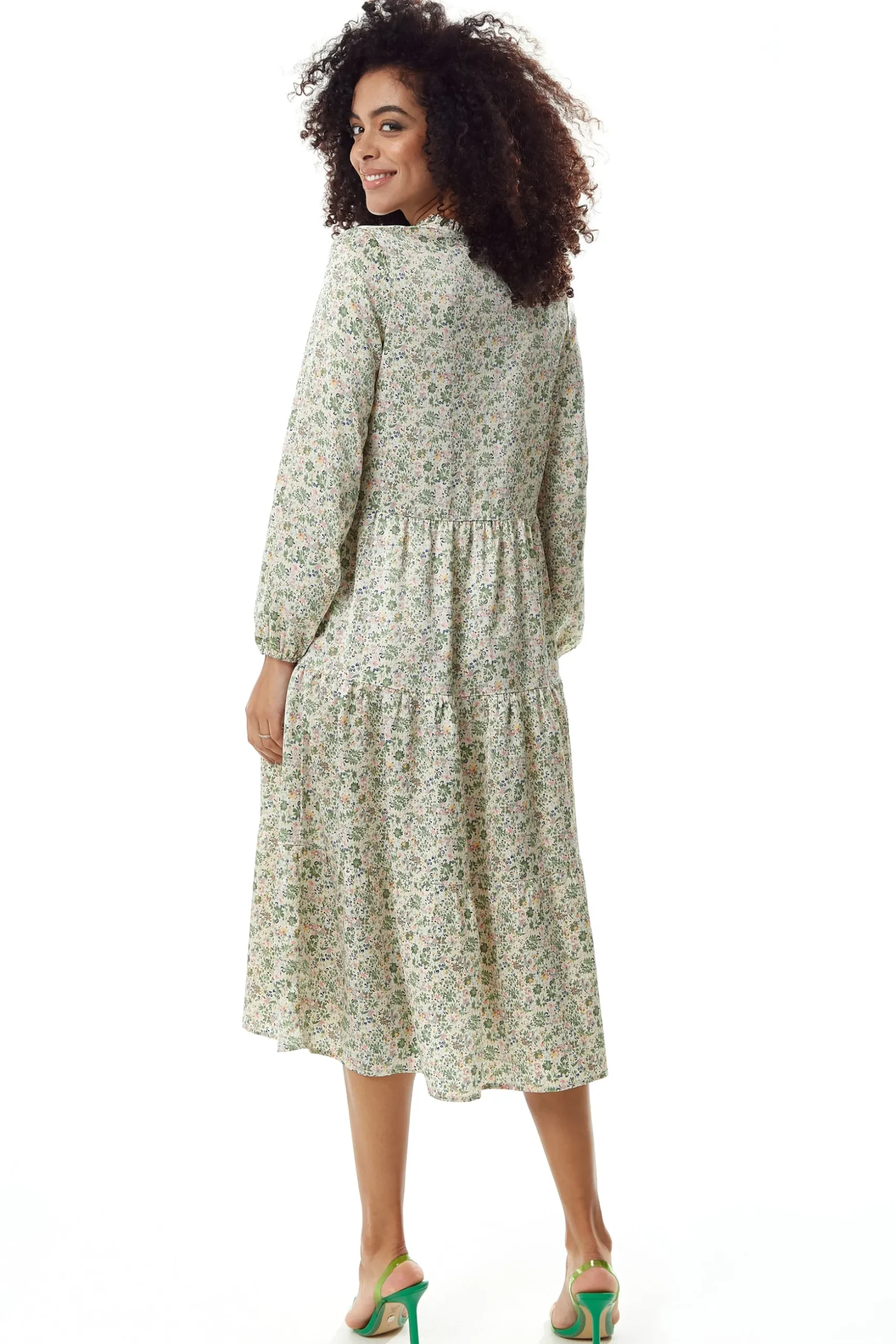 Women's Midi Dress in Floral Print with Long Sleeves and Tie Neck - Relaxed Fit Smock Style by Liquorish