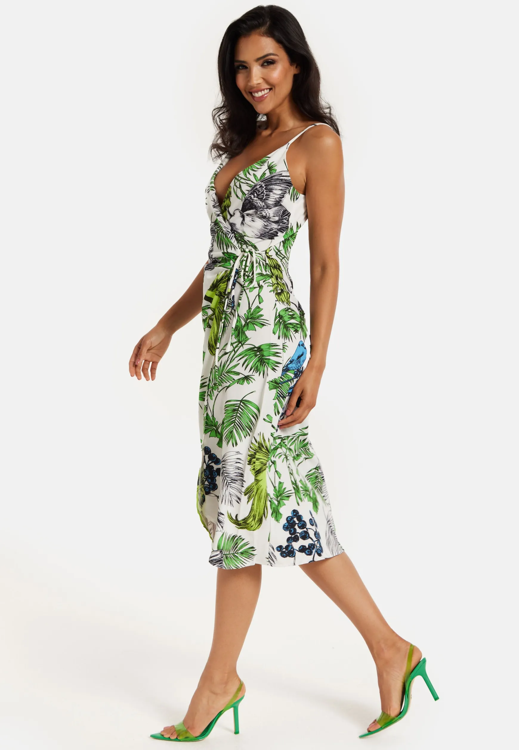 Women's Midi Dress in Floral and Bird Print with V Neck and Tie Waist, Regular Fit, Short Sleeves - Liquorish