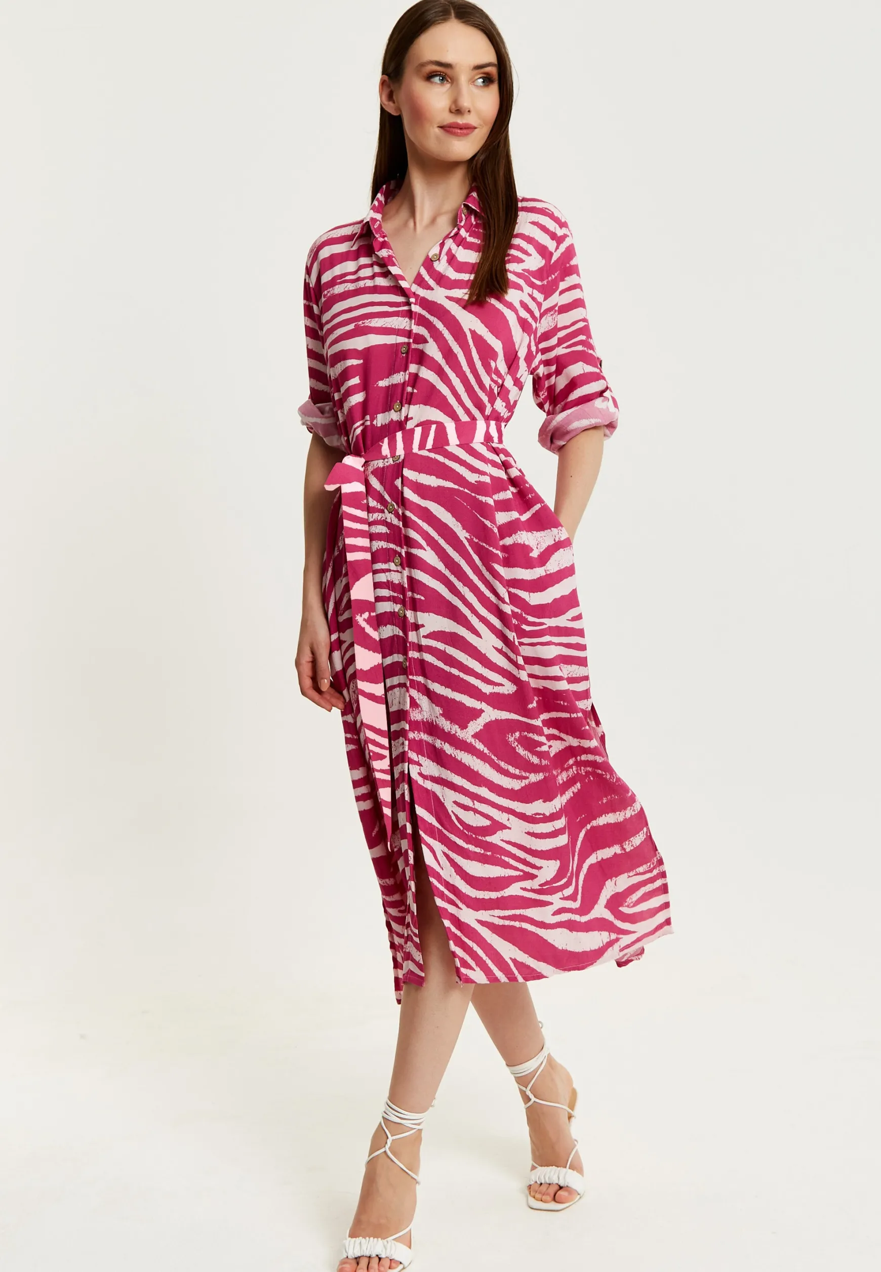 Women's Midi Dress in Fuchsia Zebra Print with Long Sleeves - Button Up Shirt Dress with Tie Waist by Liquorish