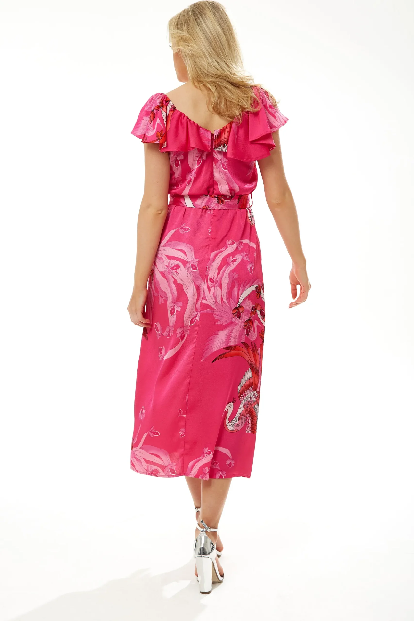 Women's Midi Dress in Fuchsia Bird Print with Off-Shoulder Sleeves - Liquorish