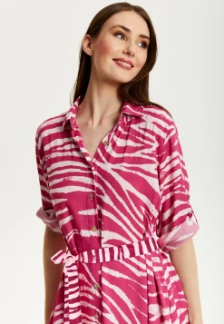 Women's Midi Dress in Fuchsia Zebra Print with Long Sleeves - Button Up Shirt Dress with Tie Waist by Liquorish