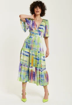 Women's Midi Dress in Green with Short Kimono Sleeves and V Neck - Abstract Print by Liquorish