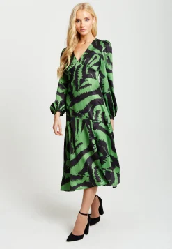 Women's Midi Dress in Green and Black Zebra Print with Long Sleeves - Liquorish