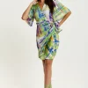 Women's Midi Dress in Green with Short Kimono Sleeves Featuring Abstract Print - Liquorish