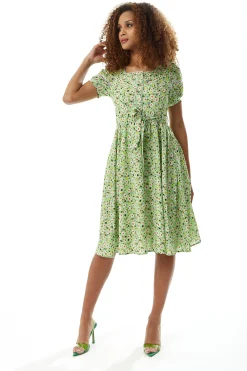 Women's Midi Dress in Green Floral with Short Sleeves and Lace Details - Tie Waist - Liquorish