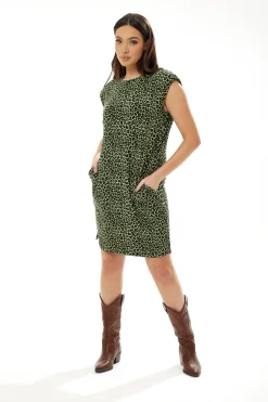 Women’s Midi Dress in Green Leopard with Padded Shoulders and Sleeveless Design
