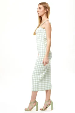 Women's Midi Dress in Green and White Check with Sleeveless Design and Fitted Style