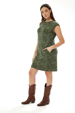 Women’s Midi Dress in Green Leopard with Padded Shoulders and Sleeveless Design