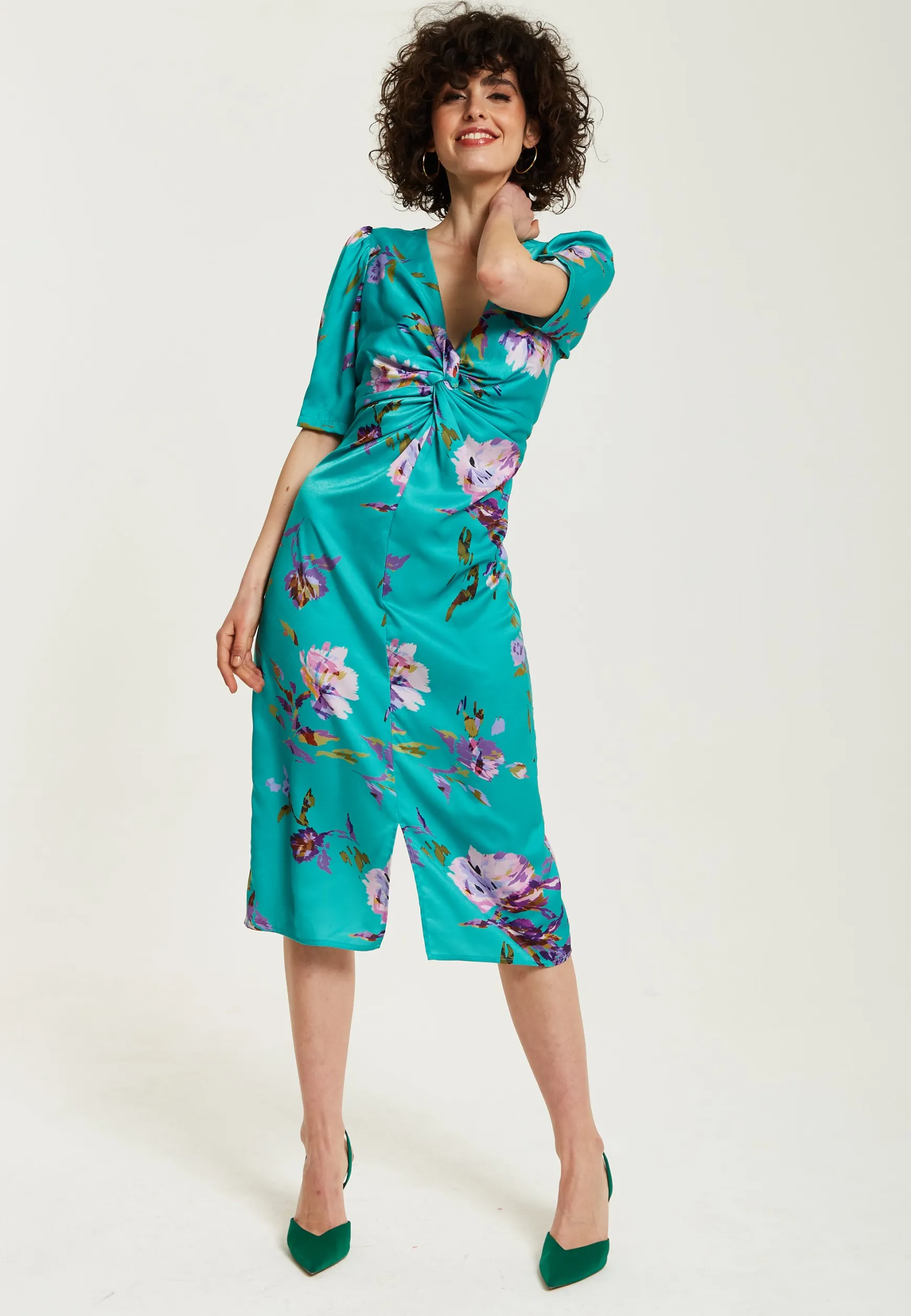 Women's Midi Dress in Green Floral with Short Sleeves and Knot Front - Slit Detail, V Neck - Perfect for Spring by Liquorish