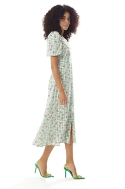 Women's Midi Dress in Green and White Gingham with Floral Print, Short Sleeves and Lace Collar - Liquorish