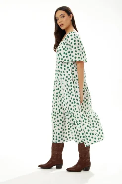 Women's Midi Dress in Green Polka Dot with Short Sleeves - Regular Fit by Liquorish