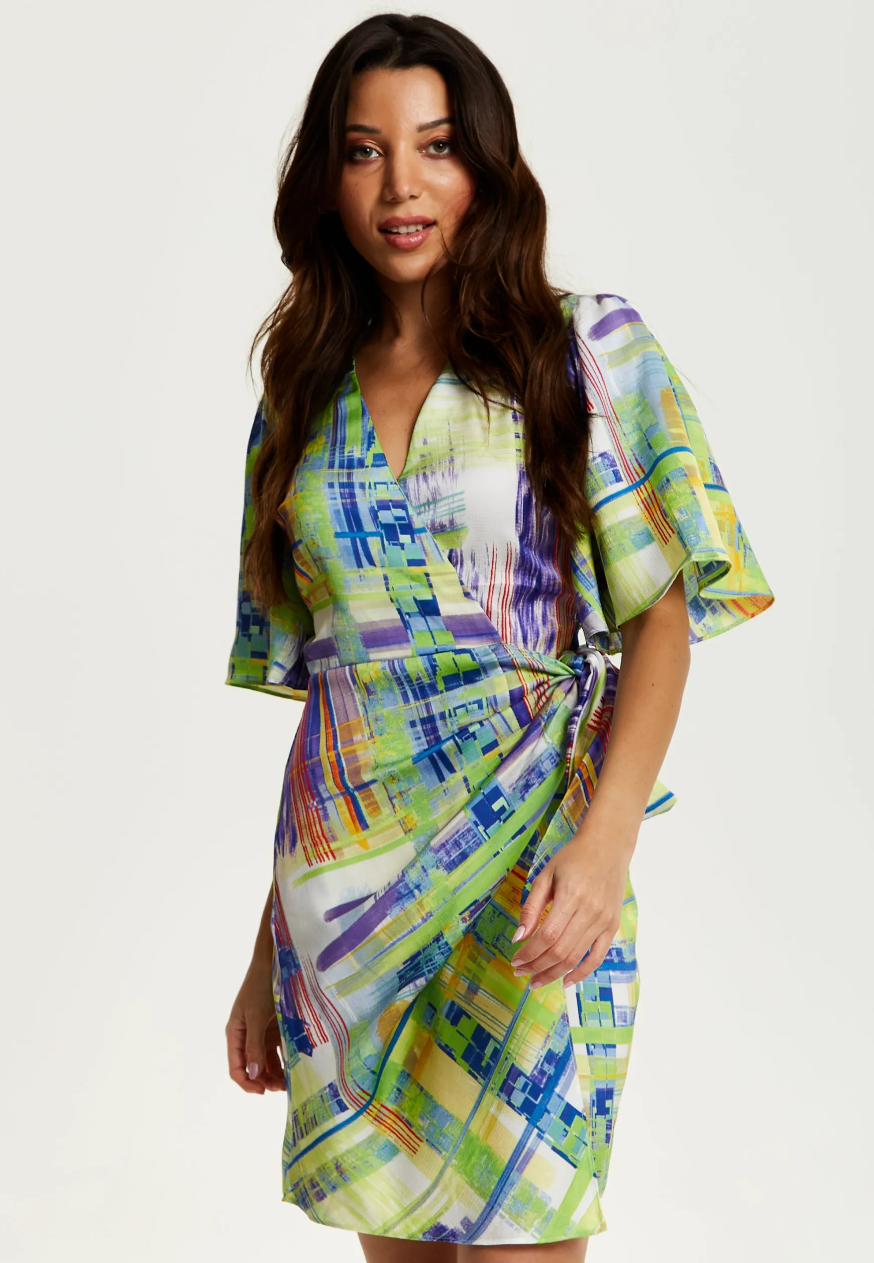 Women's Midi Dress in Green with Short Kimono Sleeves Featuring Abstract Print - Liquorish
