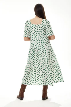 Women's Midi Dress in Green Polka Dot with Short Sleeves - Regular Fit by Liquorish
