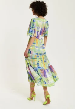 Women's Midi Dress in Green with Short Kimono Sleeves and V Neck - Abstract Print by Liquorish