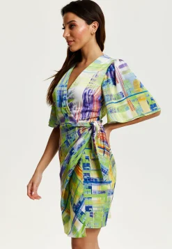 Women's Midi Dress in Green with Short Kimono Sleeves Featuring Abstract Print - Liquorish
