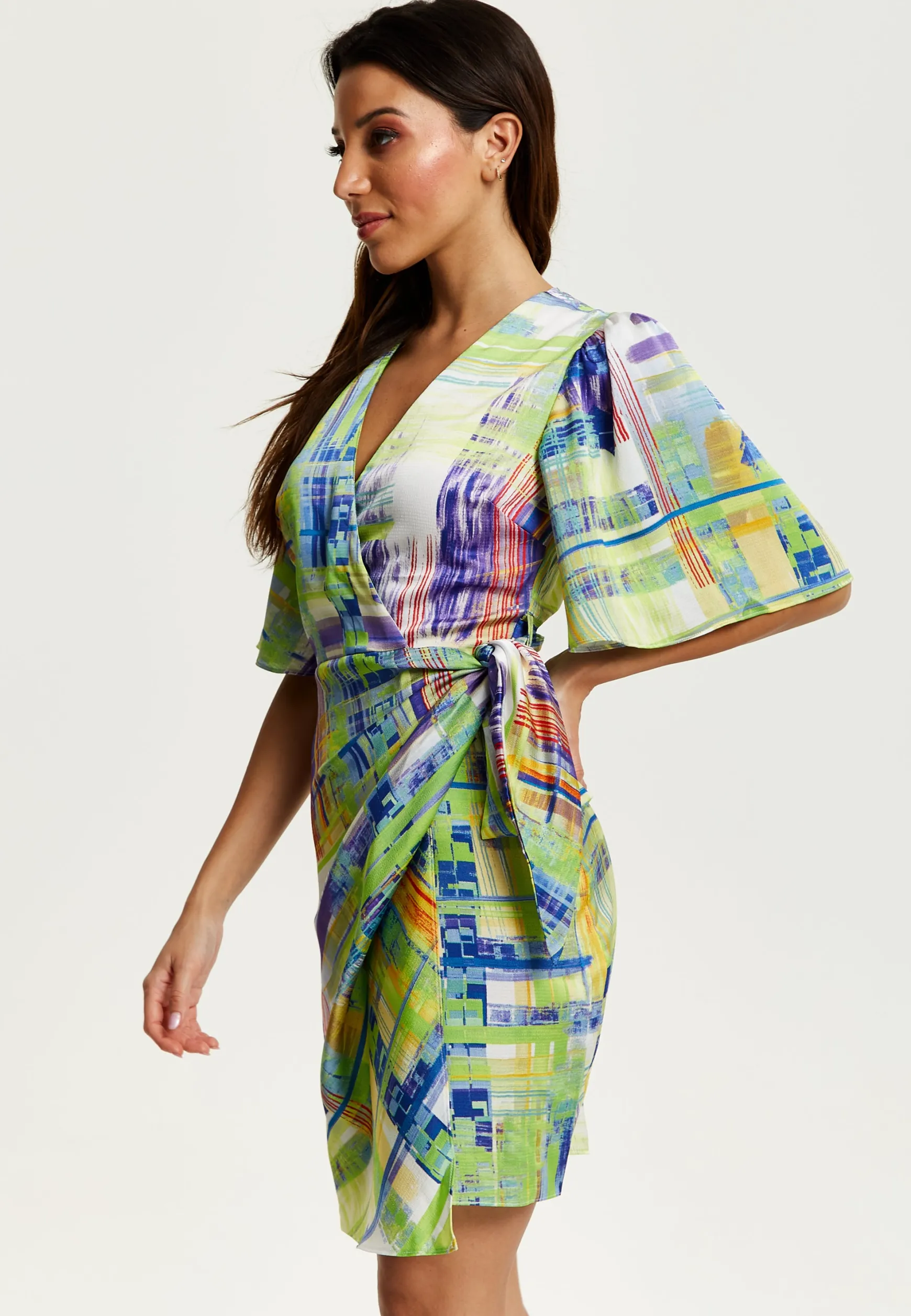 Women's Midi Dress in Green with Short Kimono Sleeves Featuring Abstract Print - Liquorish