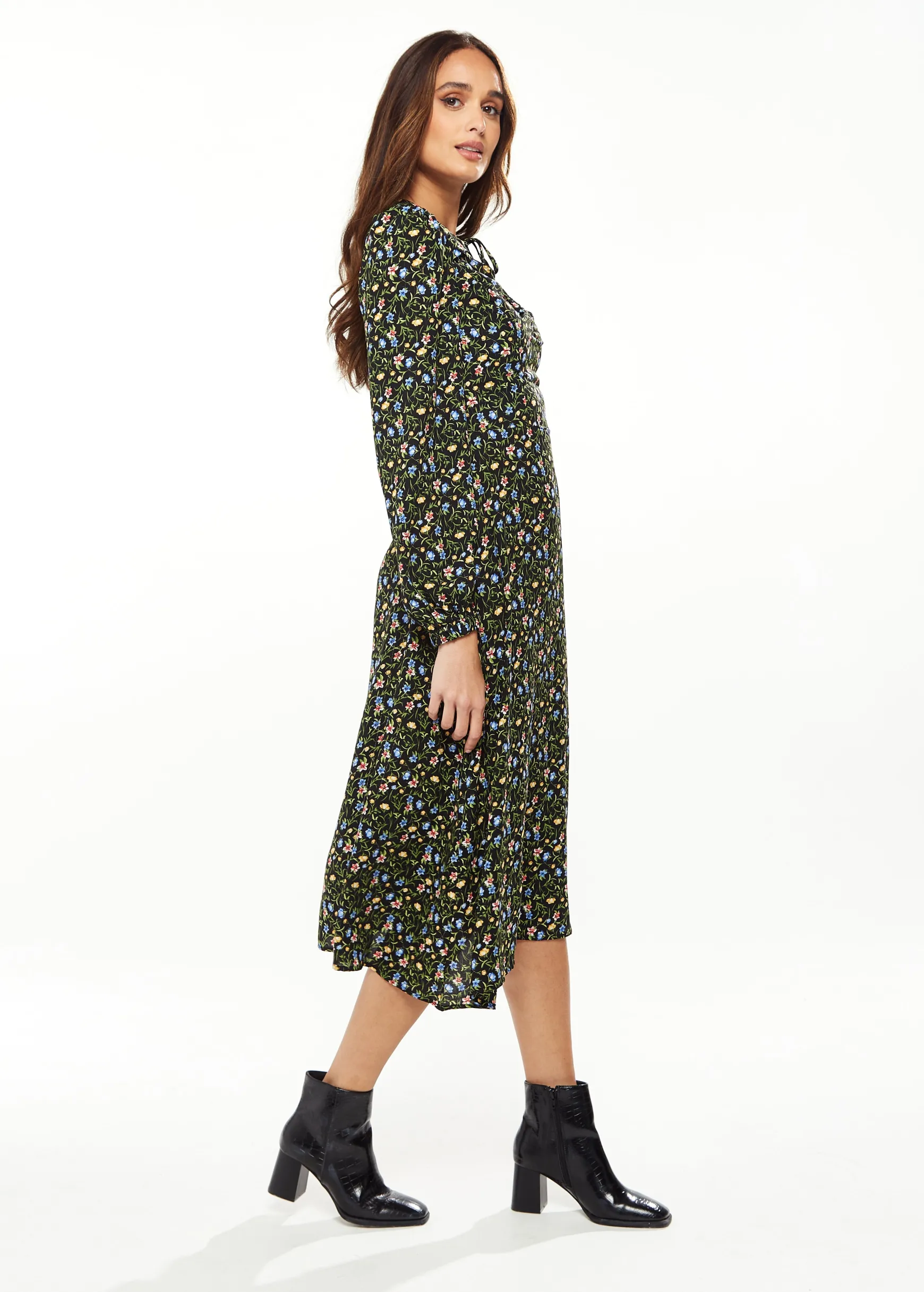 Women's Midi Dress in Green Floral with Long Puffy Sleeves and Neck Tie Detail - Liquorish