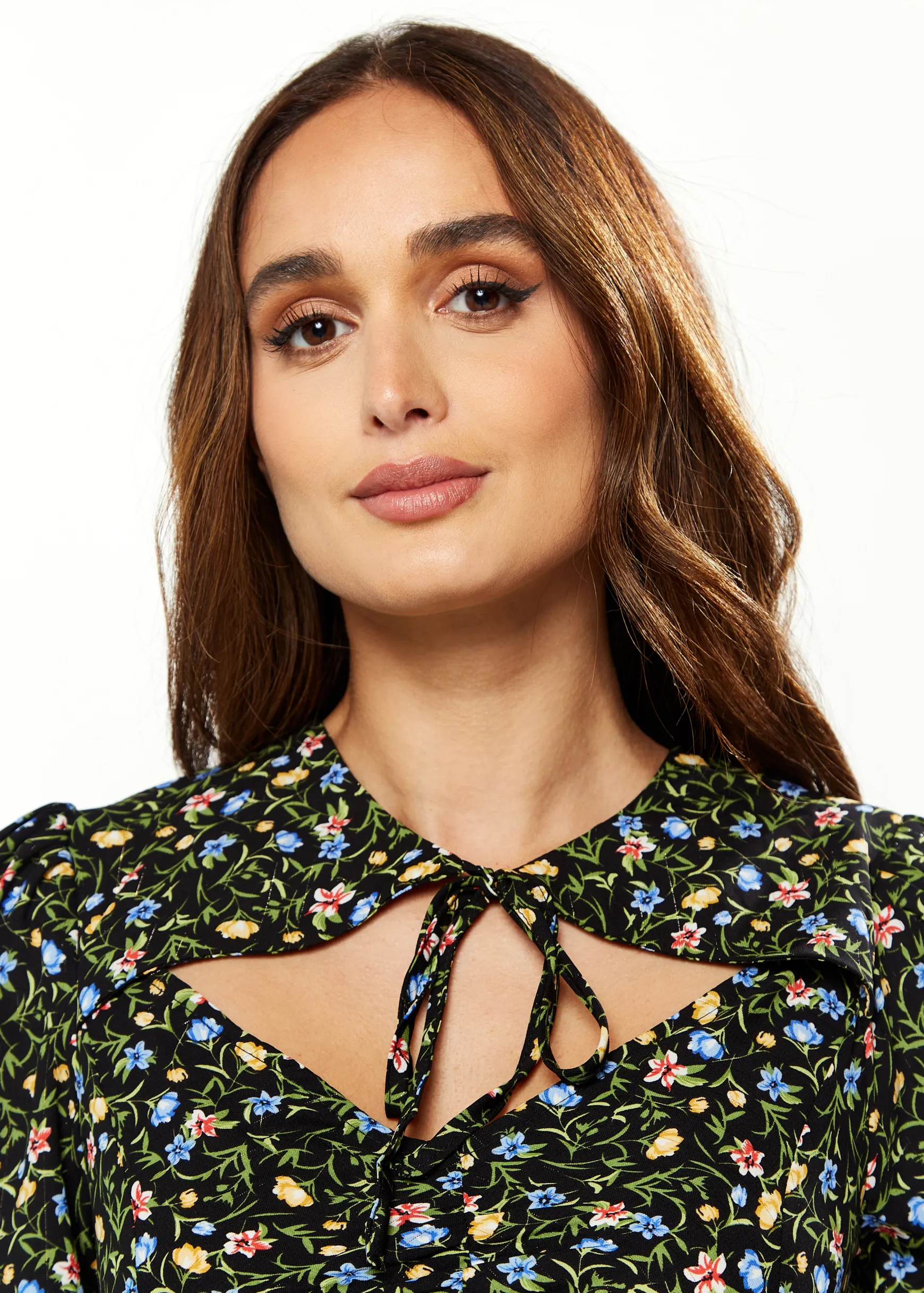 Women's Midi Dress in Green Floral with Long Puffy Sleeves and Neck Tie Detail - Liquorish