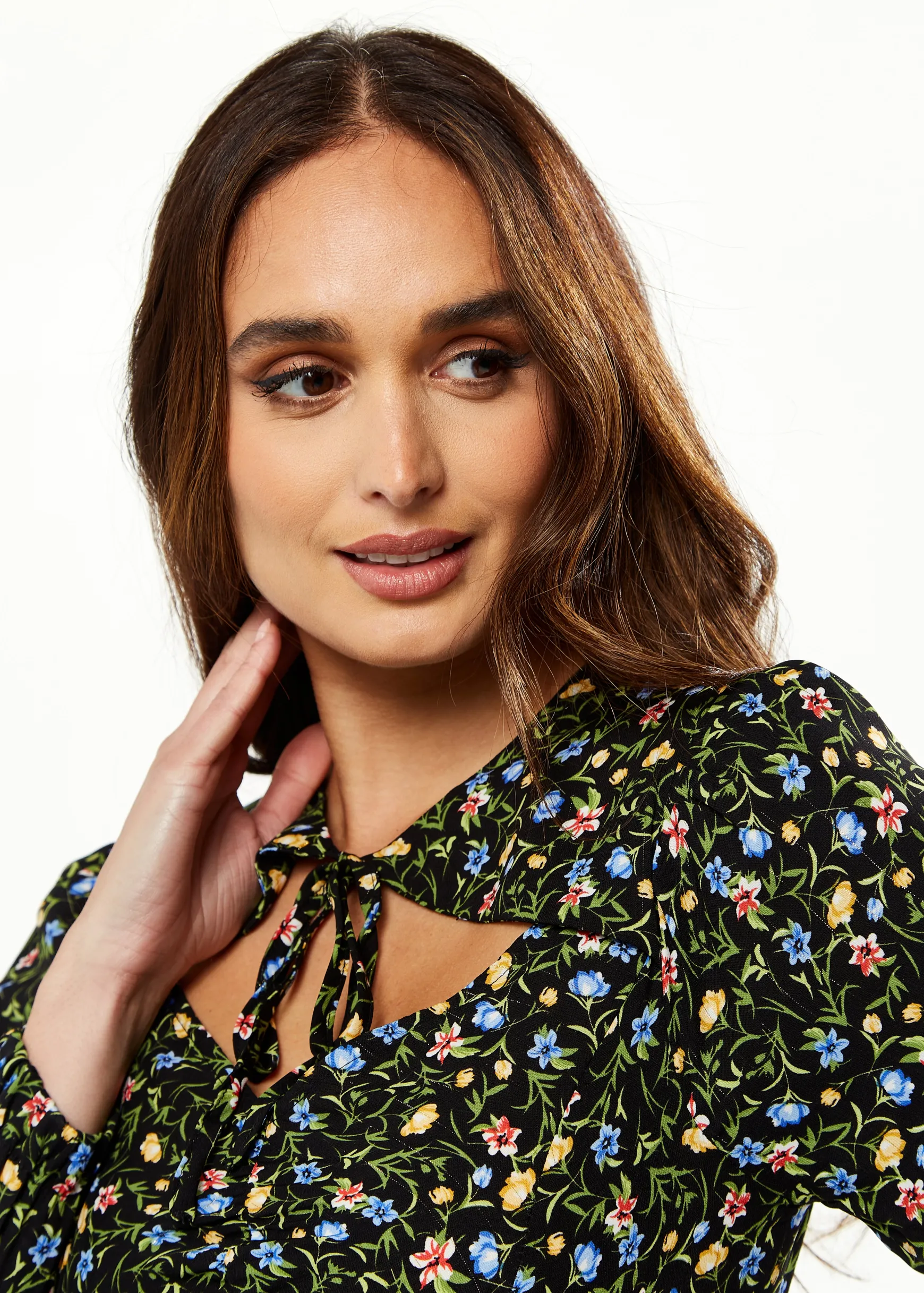 Women's Midi Dress in Green Floral with Long Puffy Sleeves and Neck Tie Detail - Liquorish