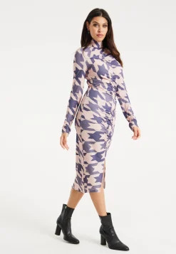 Women's Midi Dress in Houndstooth Print with High Neck, Long Sleeves & Ruching Detail - Liquorish