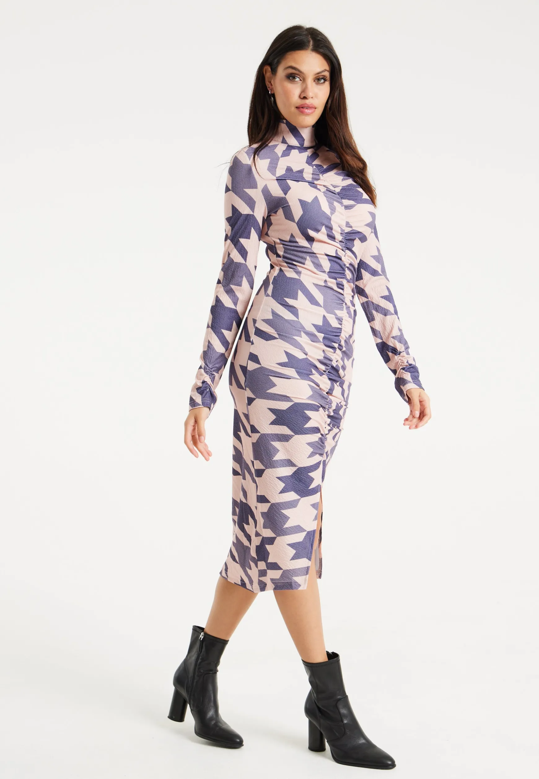 Women's Midi Dress in Houndstooth Print with High Neck, Long Sleeves & Ruching Detail - Liquorish