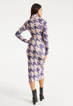 Women's Midi Dress in Houndstooth Print with High Neck, Long Sleeves & Ruching Detail - Liquorish