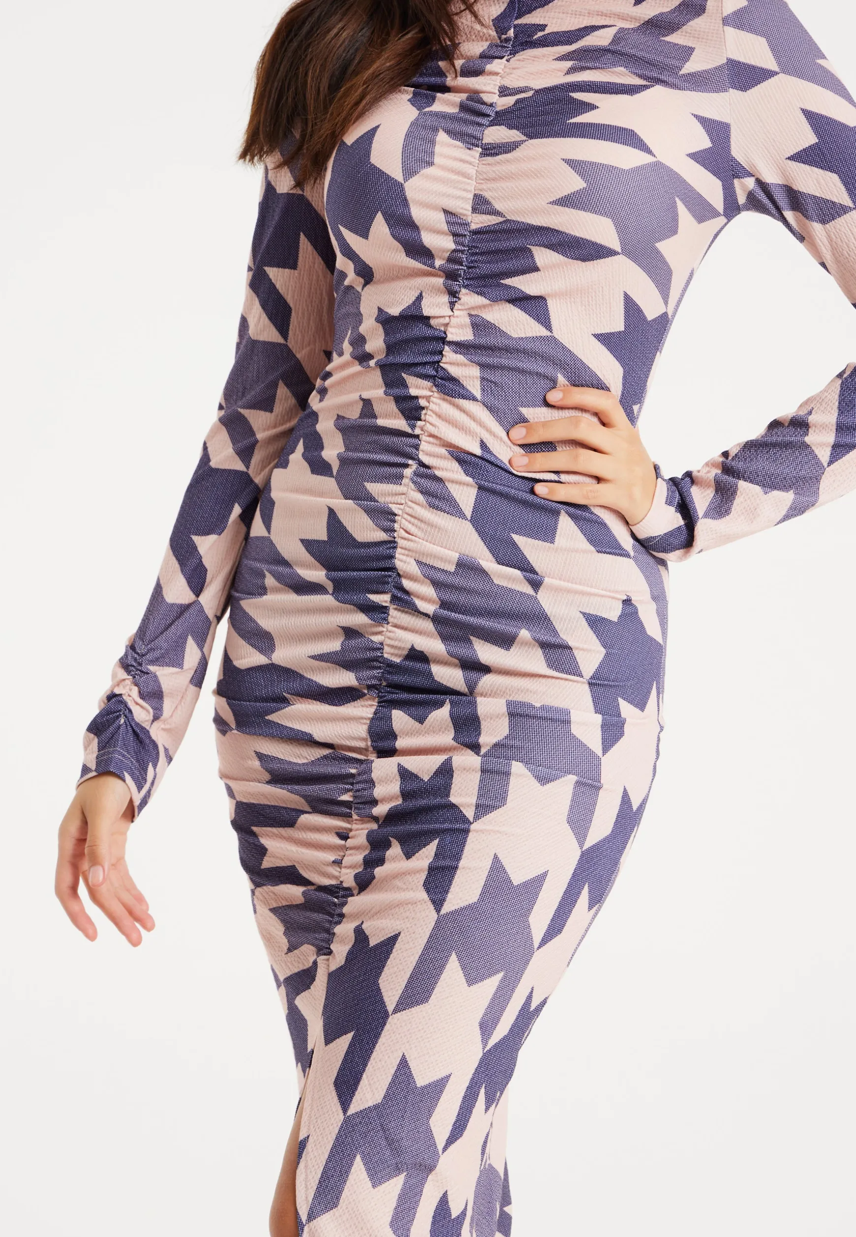 Women's Midi Dress in Houndstooth Print with High Neck, Long Sleeves & Ruching Detail - Liquorish