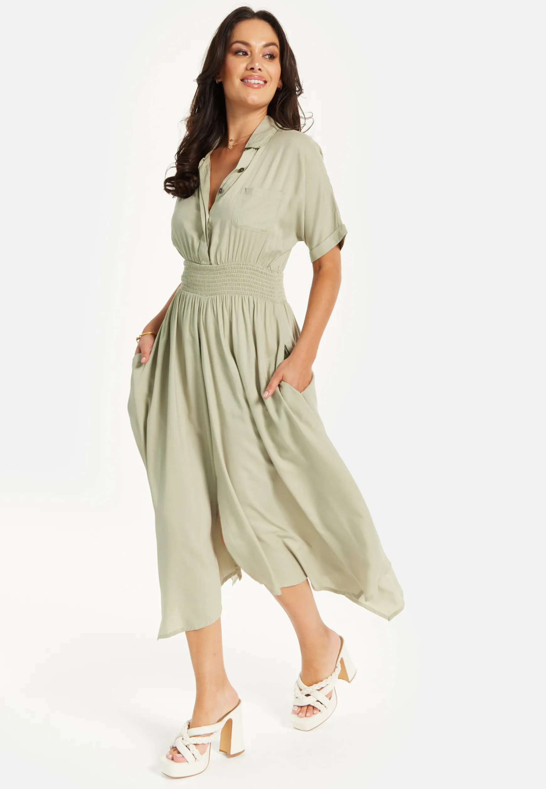 Women's Midi Dress in Khaki with Elasticated Waist, Button Detail, and Front Split