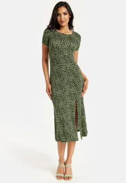 Women's Midi Dress in Khaki Animal Print with Short Sleeves and Front Slit - Liquorish