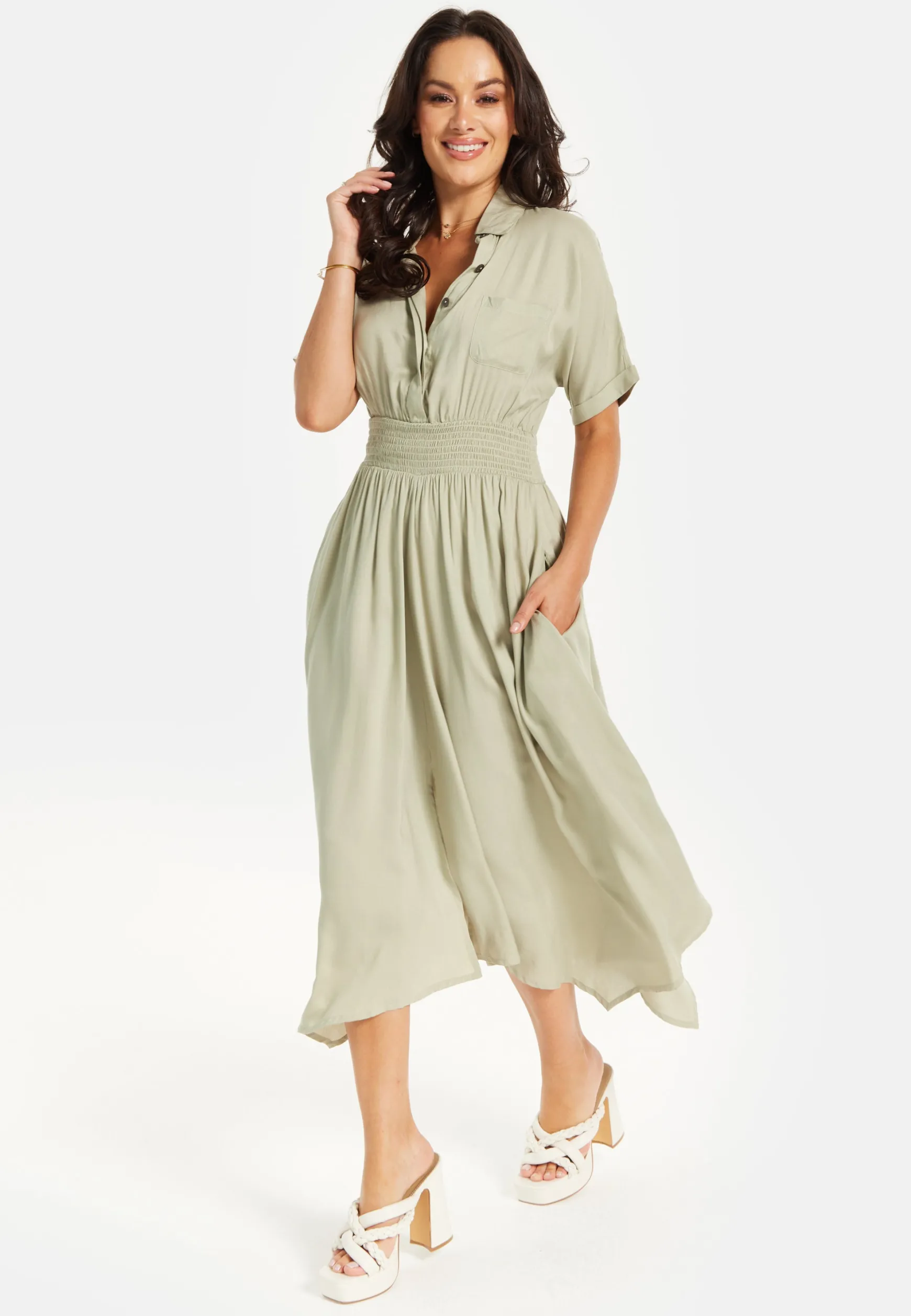 Women's Midi Dress in Khaki with Elasticated Waist, Button Detail, and Front Split