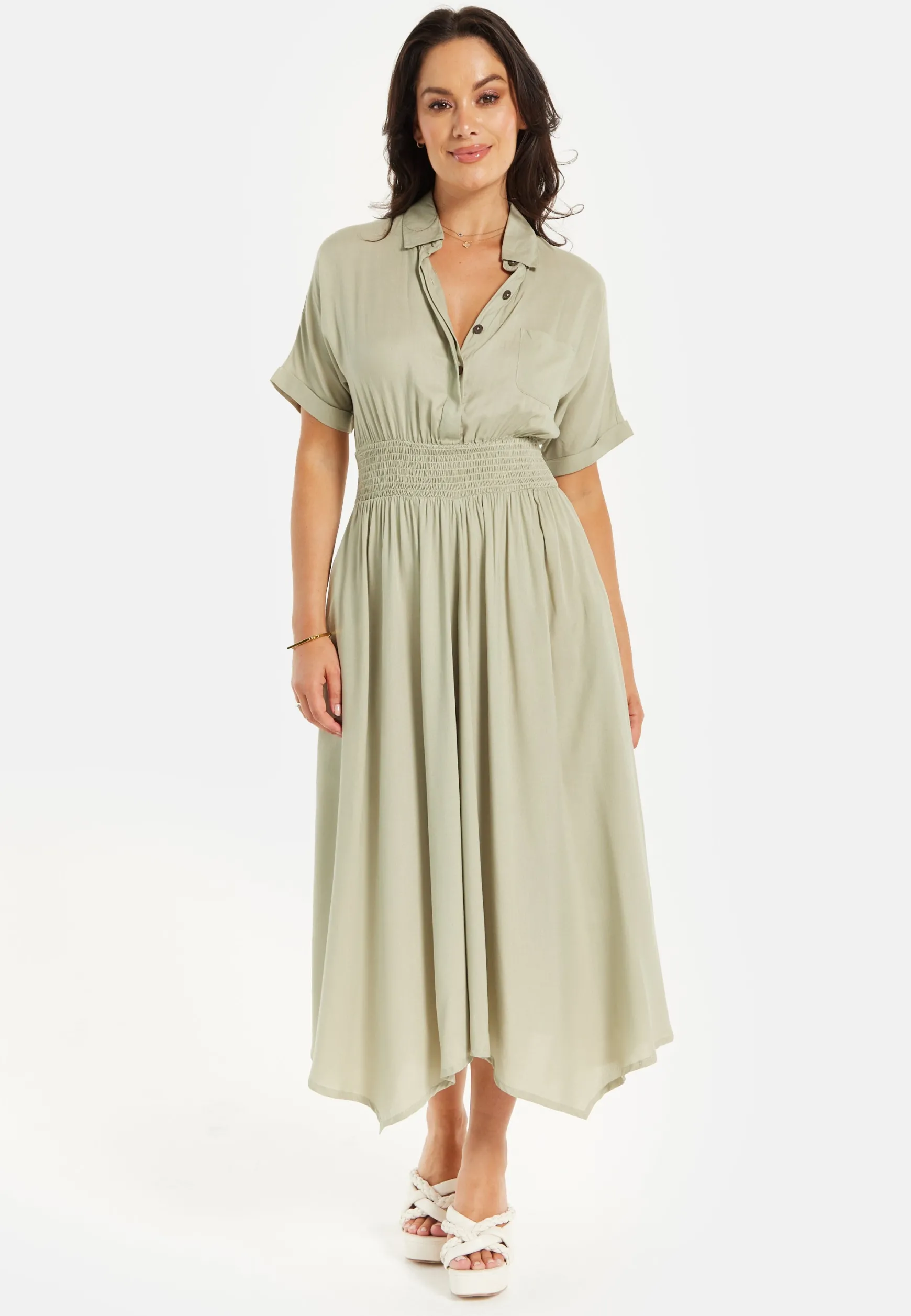 Women's Midi Dress in Khaki with Elasticated Waist, Button Detail, and Front Split