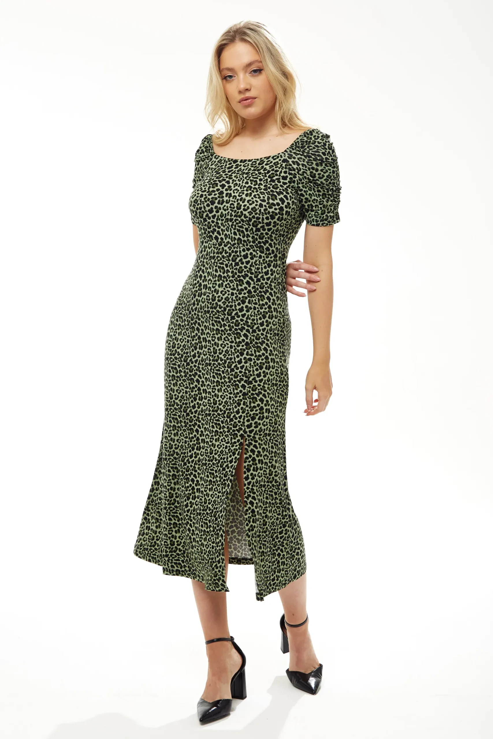 Women's Midi Dress in Khaki Animal Print with Short Sleeves and Front Slit - Liquorish