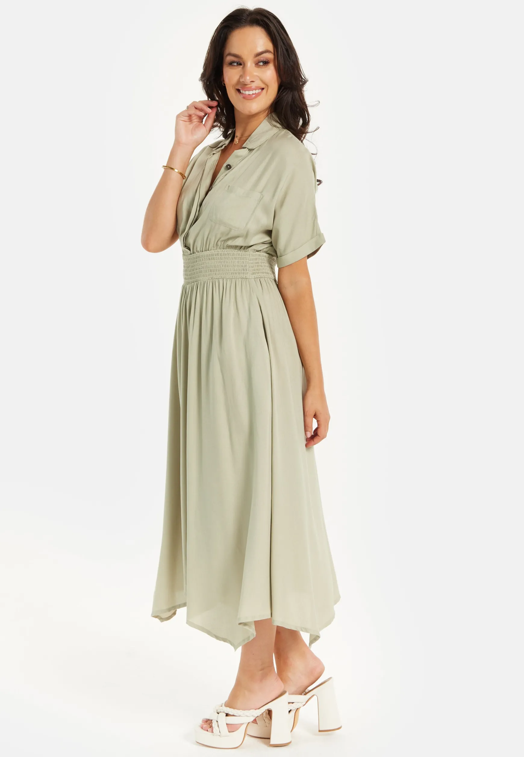 Women's Midi Dress in Khaki with Elasticated Waist, Button Detail, and Front Split