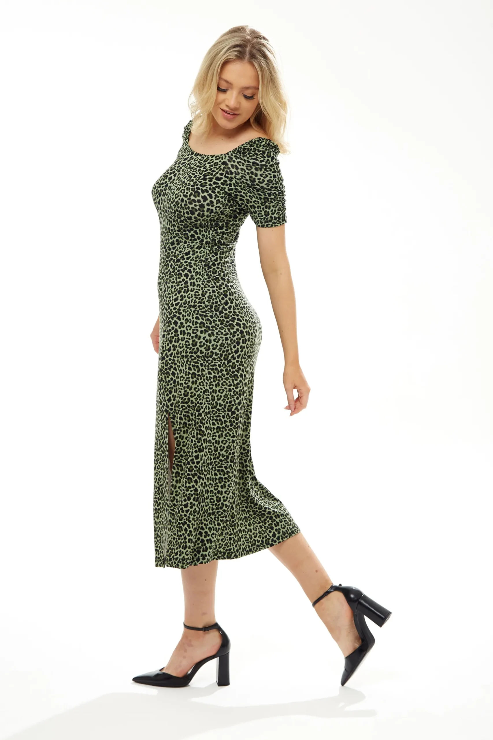 Women's Midi Dress in Khaki Animal Print with Short Sleeves and Front Slit - Liquorish