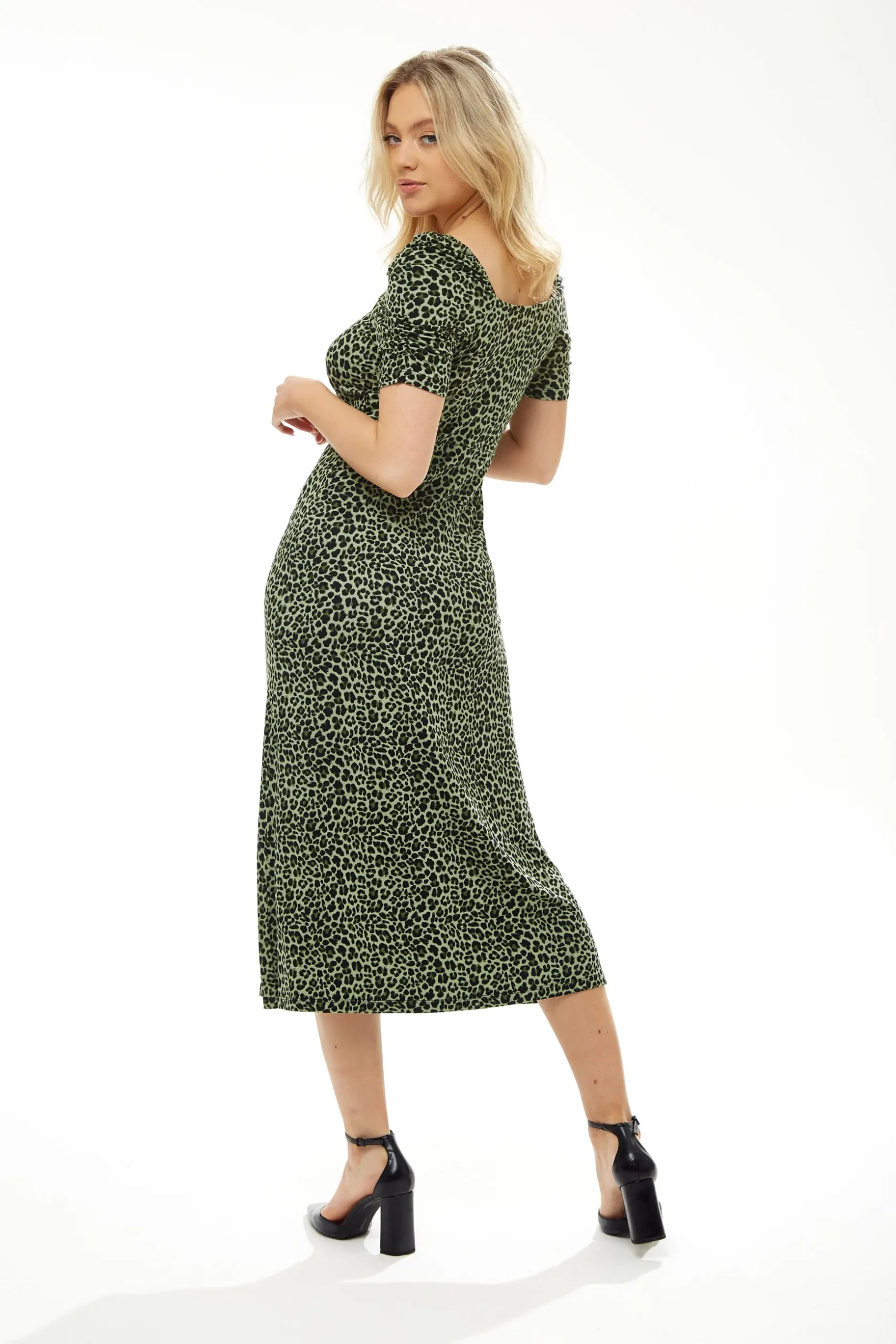 Women's Midi Dress in Khaki Animal Print with Short Sleeves and Front Slit - Liquorish