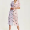 Women's Midi Dress in Lilac and Pink Floral with Short Sleeves and Knot Front - Liquorish